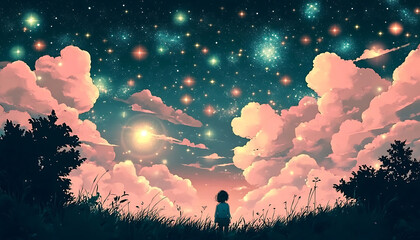 Wall Mural - Dreamy night sky filled with stars and clouds.