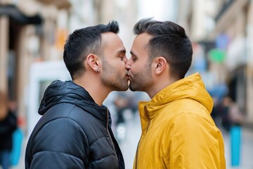 Gay men kissing in the middle of the street