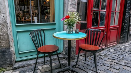 Charming Outdoor Cafe Scene with Colorful Table and Flower Arrangement in a Quaint Cobblestone Street Among Vintage Shopfronts