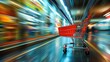 © Fana Art - A red shopping cart sits in the middle of a blurred supermarket aisle, suggesting a fast-paced shopping experience.