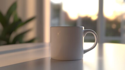 Poster - A sharp and detailed image of a single white ceramic mug placed on a smooth, light gray surface, embodying minimalist elegance. Cinematic Scene, 4k resolution, cinematic scene