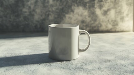 Poster - A sharp and detailed image of a single white ceramic mug placed on a smooth, light gray surface, embodying minimalist elegance. Cinematic Scene, 4k resolution, cinematic scene