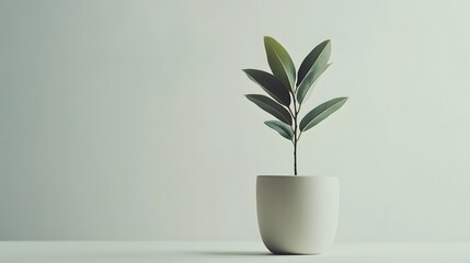 Wall Mural - A simple, single-leaf plant in a plain white pot, set against a light background, showcasing the beauty of minimalism in editorial style. Cinematic Scene, 4k resolution, cinematic scene