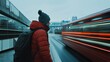 © Matthew - A person in a red jacket waits at a bus stop as a bus rushes by, capturing a moment of urban life.