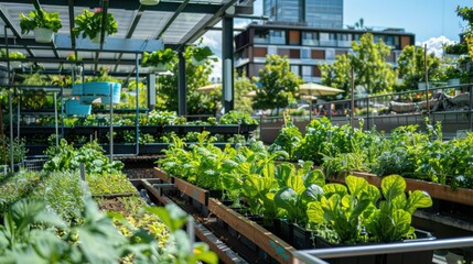 Fototapete - A smart garden with automated irrigation systems and vertical farming technology, Urban farming scene, Contemporary style