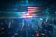 © Veronika - A holographic projection of the American flag hovering above a futuristic city skyline: A vision of patriotism in a high-tech world