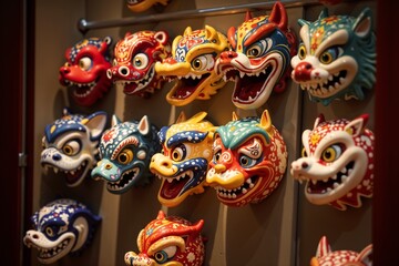 Chinese Zodiac Animal Masks, creative and symbolic style, display of animal masks representing the twelve zodiac signs, colorful and detailed designs, soft spotlight, traditional and cultural expressi