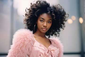 a woman with curly hair is wearing a pink fur coat and a gold hoop earring