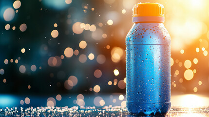 Wall Mural - A water bottle with droplets sits on a workout bench, gleaming under sunlight, ready for hydration during exercise.