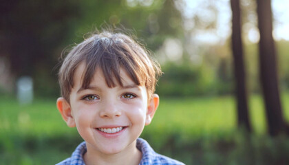 Smiling Boy in Outdoor Nature Setting with Soft Background in Green Field, Sunshine, and Trees Highlighting Joyful Childhood Moments