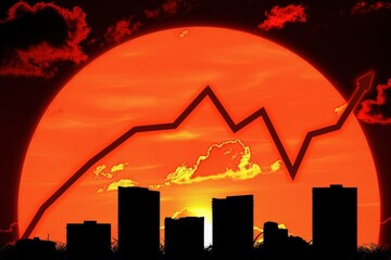 Wall Mural - a city skyline is shown with a red sun and a line going up