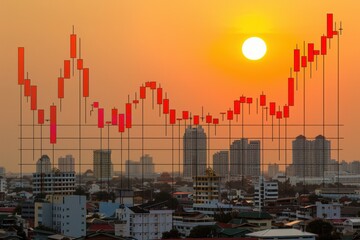 Wall Mural - a city skyline with a red sun in the background