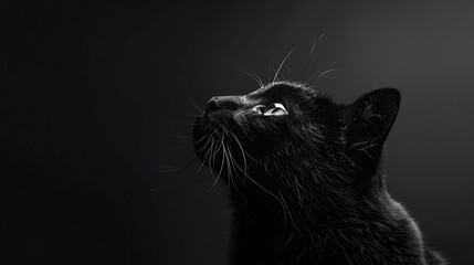 Wall Mural - A close-up of a black cat gazing upwards against a dark background, highlighting its features and whiskers.