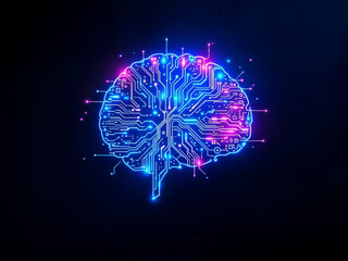 Wall Mural - an image of an ai brain, depicted as circuitry and motherboard components, glowing with neon blue an