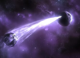 Wall Mural - Celestial Collision: A Stunning Visualization of Two Planets in Space with Ethereal Purple Light Emitting from One to the Other in an Expansive Universe