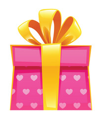 Wall Mural - Pink gift box with heart patterns and golden ribbon, perfect for Valentines Day. Vector cartoon illustration