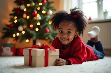 Portrait of adorable african american girl making wish list of presents, writing letter to Santa on floor near Christmas tree.