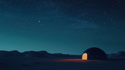 Wall Mural - A dome-shaped structure is lit up in the night sky. The dome is surrounded by a vast, empty landscape
