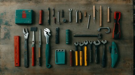 Neatly Organized Construction Tools on Wooden Workbench,Manual Labor Essentials and Tools of the