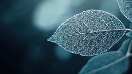 Wall Mural - Intricate details of a leaf against a soft blue background