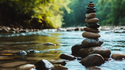 Wall Mural - A calm rock balancing spot with stones and pebbles neatly stacked by a river, A tranquil riverside with clear water and smooth rocks, Minimalist nature style