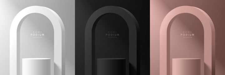 Wall Mural - set of 3d cylindrical podium background in black, silver, rose gold with arch frame backdrop. abstra