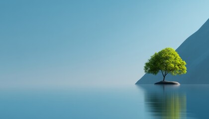 Wall Mural - A solitary green tree stands on a small island in tranquil blue waters under a clear sky