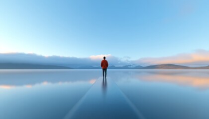 Wall Mural - Person in orange jacket standing on calm lake shoreline during dawn light