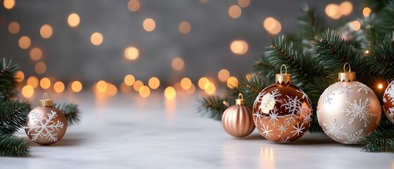 Wall Mural - Beautiful Christmas ornaments on a festive background with blurred lights.