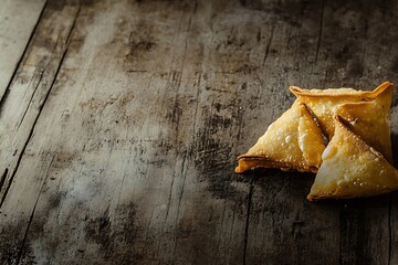 Wall Mural - Fresh tasty samosas on wooden background