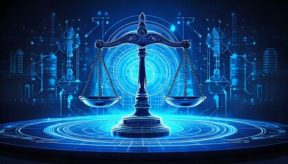 Law scales on blue background of data center