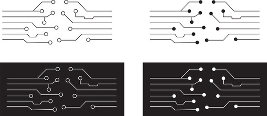 Abstract Technology Background circuit board pattern icons set isolated transparent. Ai chip electronics and connected dots. Data tech bg black flat and line motherboard vector Communication concept