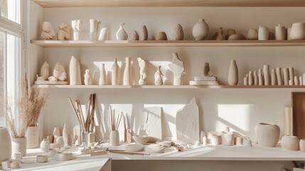 Aufkleber - A pristine pottery display with finished ceramic pieces and sculpting tools neatly arranged, A bright room with natural light and clean shelves, Minimalist craft style
