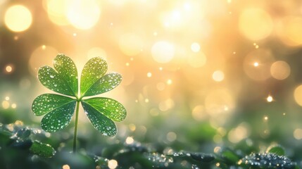 Wall Mural - Delicate clover leaf adorned with glistening dew stands out against a dreamy background of sparkling bokeh, illuminated by morning sunlight