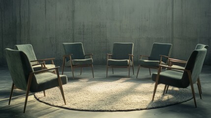 Wall Mural - The sunlit room features an empty circle of chairs, inviting a serene setting for conversation and meetings