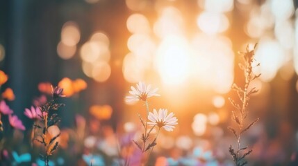 Poster - Colorful wildflowers bloom in a forest, embraced by the soft glow of golden sunlight at dusk