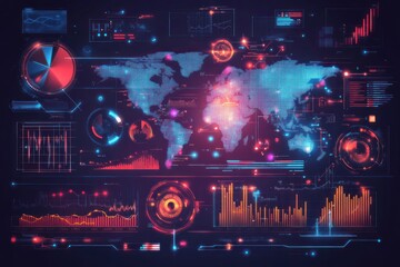 Aufkleber - Futuristic digital interface with world map and data visualizations.