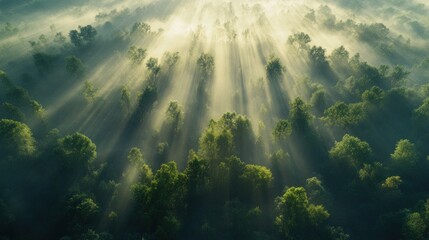 Poster - Aerial view of sun rays breaking through the forest canopy on a misty morning.