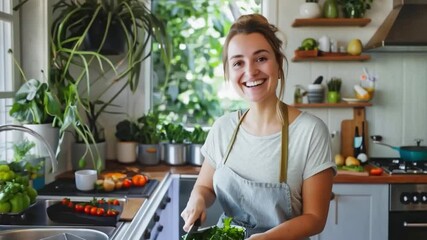 Wall Mural - A cheerful woman prepares fresh vegetables in a bright kitchen filled with greenery. Ideal image for healthy lifestyle and cooking blogs. Generative AI.