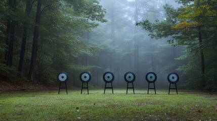 Poster - A serene archery range set against a misty morning forest, Targets and bows perfectly aligned, Traditional outdoor style