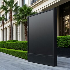 Canvas Print - Empty black outdoor billboard mockup in front of a hotel, product mockup design 