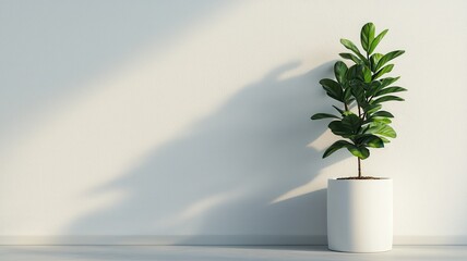 Poster - A small potted plant stands against a plain wall, casting a gentle shadow, highlighting its vibrant green leaves in a minimalist setting.