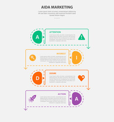 AIDA marketing infographic outline style with 4 point template with rectangle box container with arrow bottom direction and opposite position for slide presentation