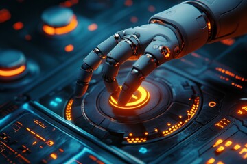 Poster - A robotic hand reaches down to press a glowing button on a futuristic control panel.
