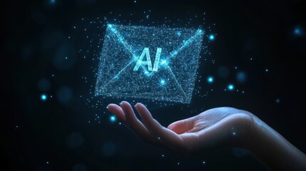 Poster - A hand holding a glowing AI envelope, symbolizing the future of communication.