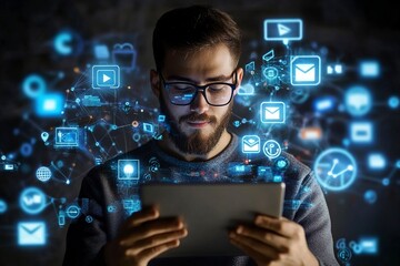 a man holding an ipad, surrounded by digital icons and graphs representing technology and online mar