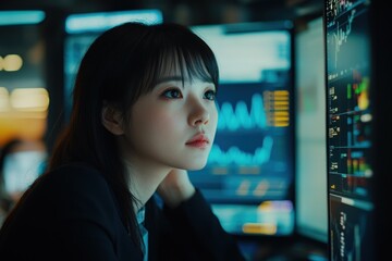 Leinwandbilder - A young woman in a dark room looking intently at data on a computer monitor.