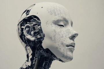 Poster - A robotic head with a partially exposed face, revealing intricate circuitry and code.