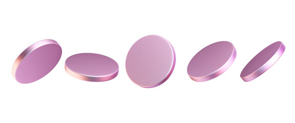 Wall Mural - 3d hologram coins. chrome circles in different angles. clean disk, pedestal, techno tablets set. fut