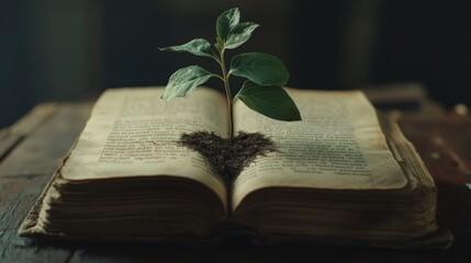 Poster - A small plant sprouts from an open, vintage book resting on a wooden surface.